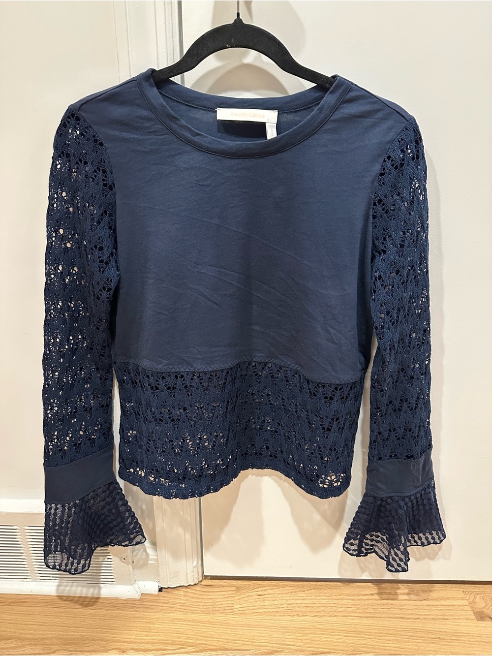 See By Chloe Navy Lace-Panel Long Sleeve Top